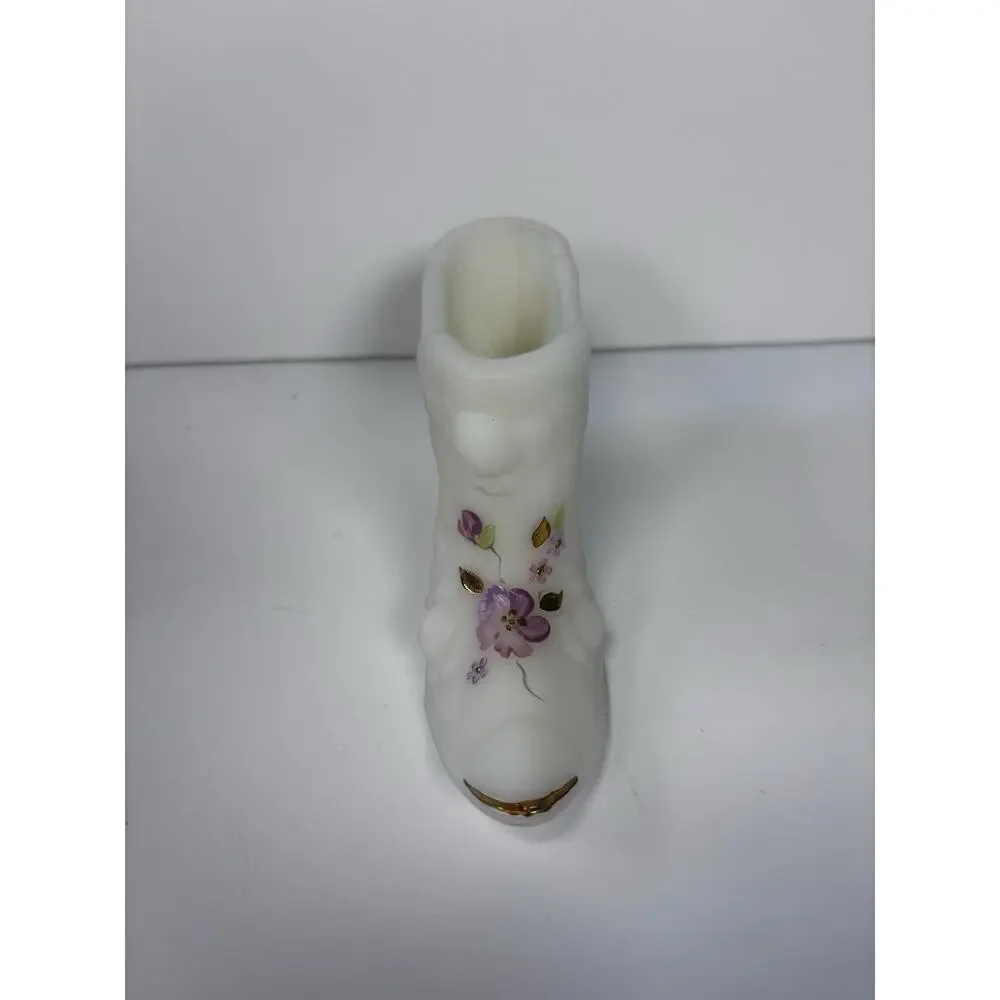 Fenton White Satin Glass Hand Painted Floral Victorian Shoe Artist Signed